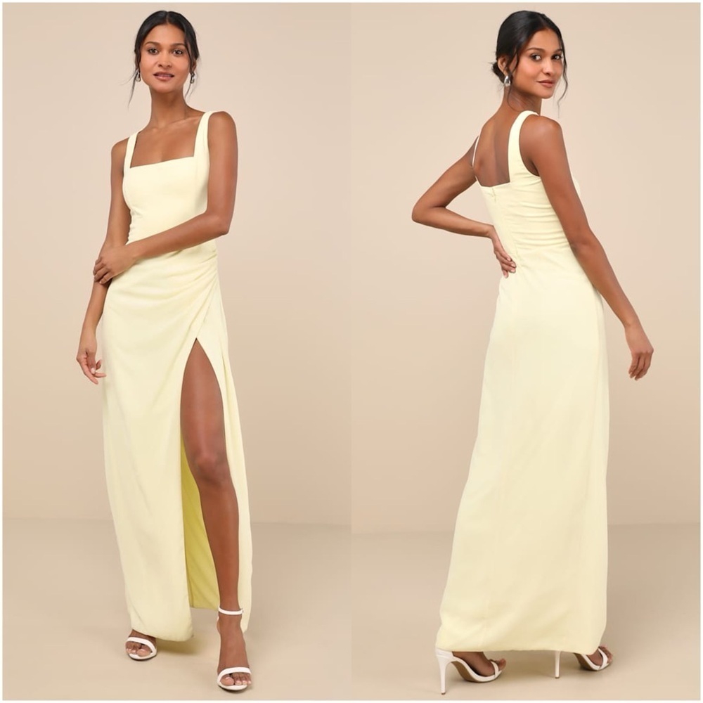 LULU’S Glamorous Disposition Light Yellow Ruched Maxi Dress